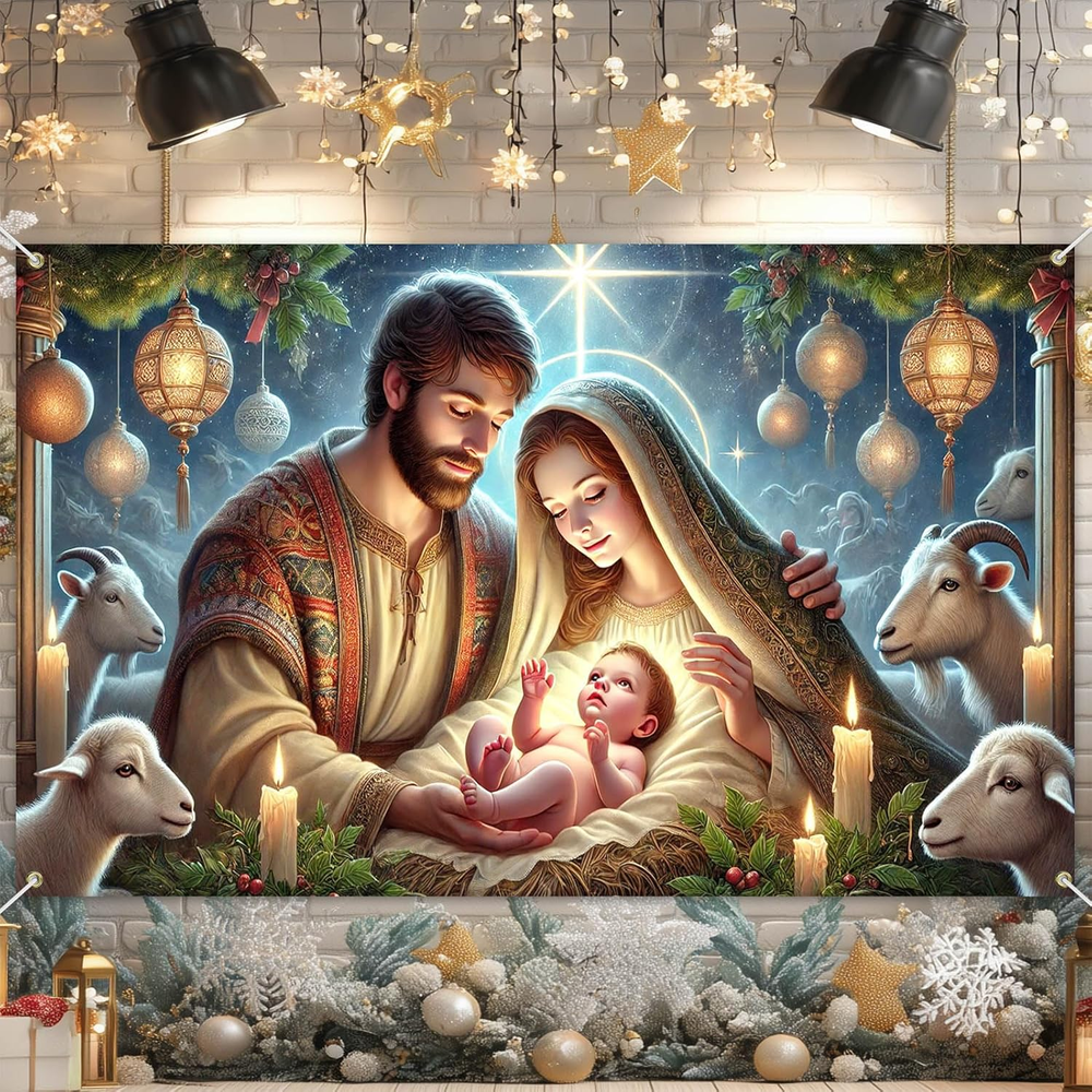 Nativity Scene Christmas Banner 71X43 Inch Religious Holy Family Manger Backdrop