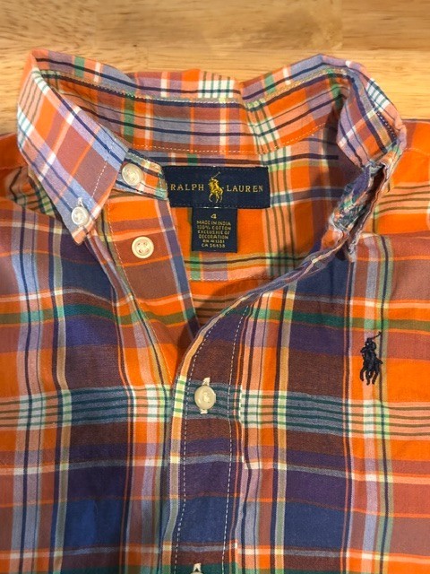 Ralph Lauren | Boys Plaid Orange & Blue Button Up Shirt with Pony Sz 4