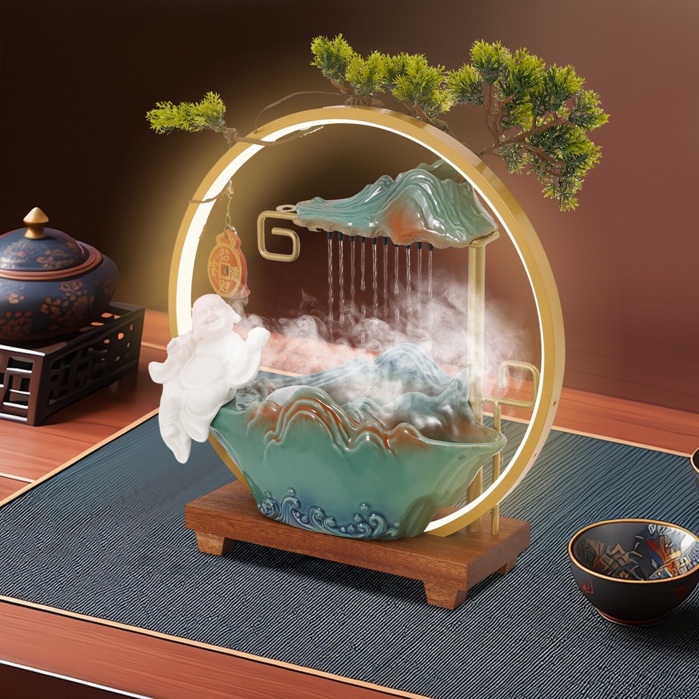 Tabletop Water Fountain, Indoor Water Fountain with LED Light, Rockery Waterfall