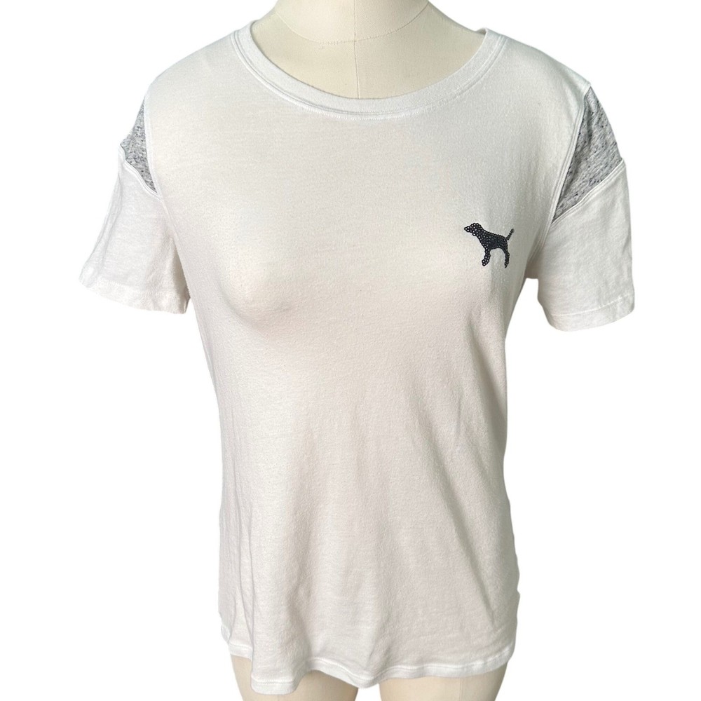 PINK Victoria's Secret T-Shirt Womens XS White Sequin Logo Graphic Colorblock