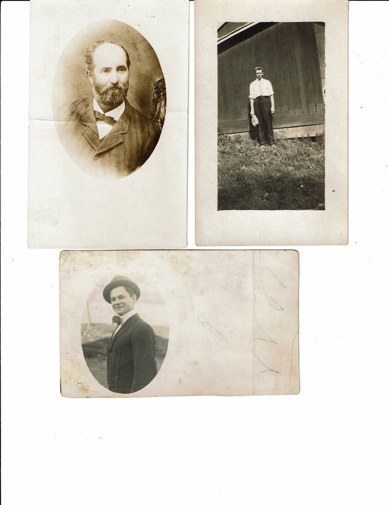 3 Real Photo Lot with Smiling Men in Bow Ties by a Barn