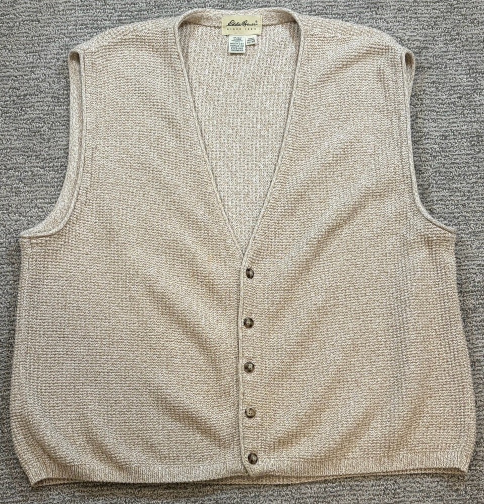 VTG Eddie Bauer Knit Sweater Vest Tall Mens XL Made in USA Beige Vintage
