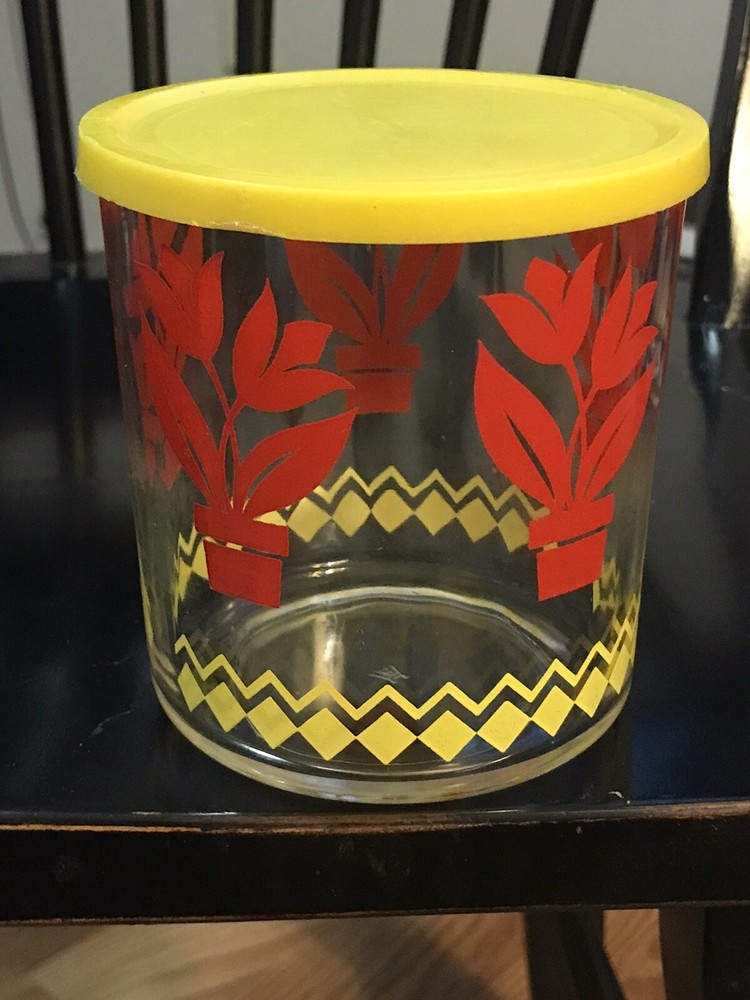 Vintage Hazel Atlas Sour Cream Jar Red Tulips With Lid/Drinking Glass