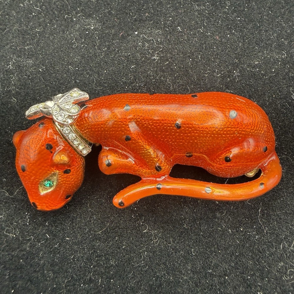 Vintage Style Red Enamel Leopard Panther Brooch Rhinestone Bow Pin