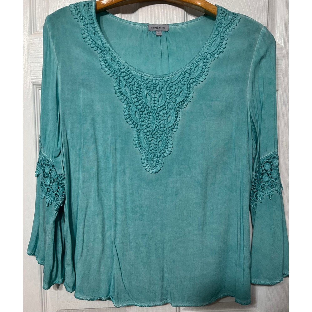 Floral & Ivy Turquoise Teal Crochet Lace Bib Bell Sleeve Blouse XL Boho