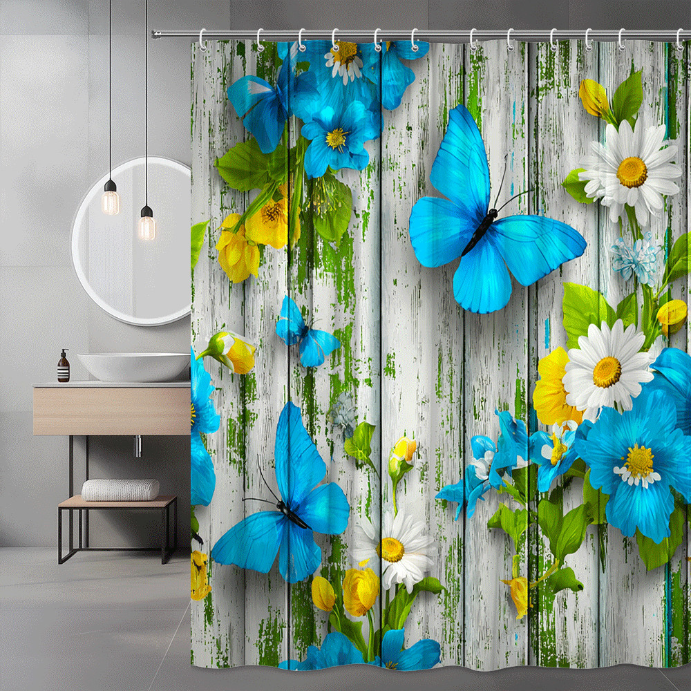 Blue Butterfly Floral Shower Curtain, Daisy Flower Print