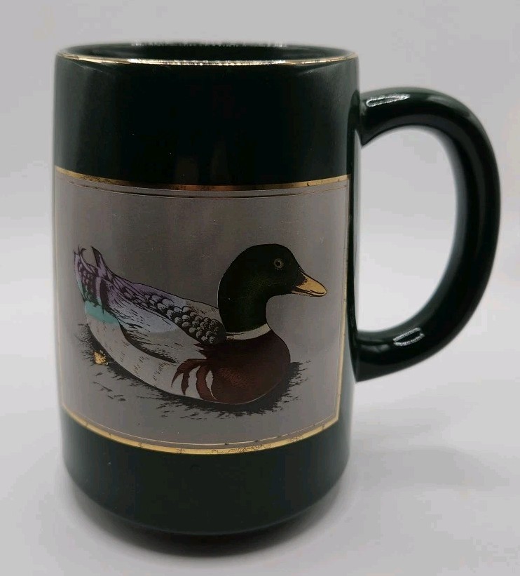 Otagiri Mallard Duck Coffee Cup Mug Waterfowl Bird Green Gold Trim Japan Vintage