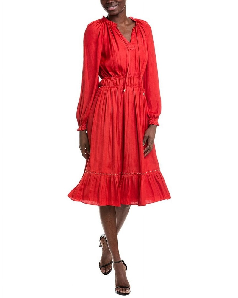 T Tahari NWT Women's Gathered Long Sleeve Midi Red Ruffle Dress Size M $148