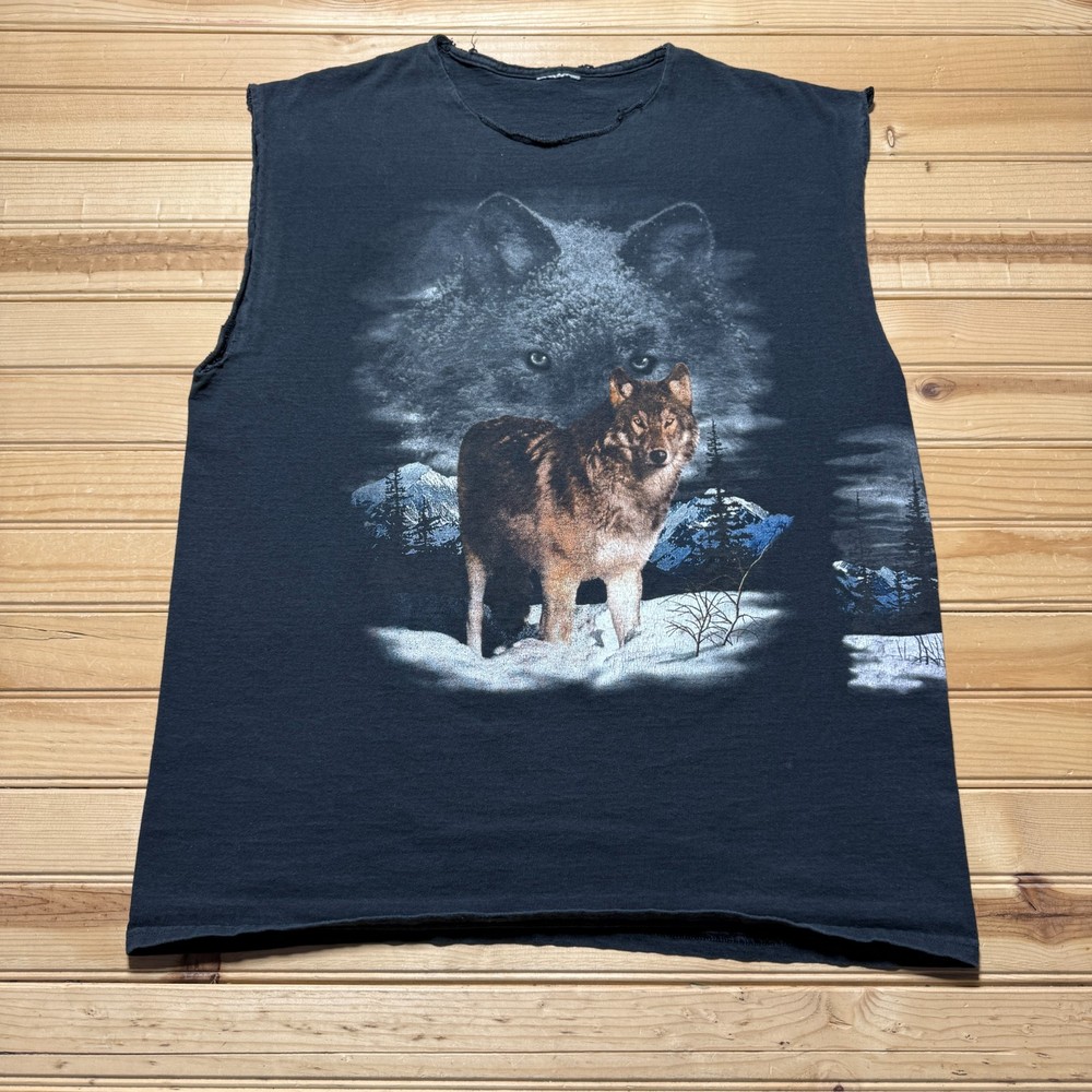 Vintage 90s Y2K Wolf Mountain Forest Nature Wildlife Grunge Muscle Shirt - Large