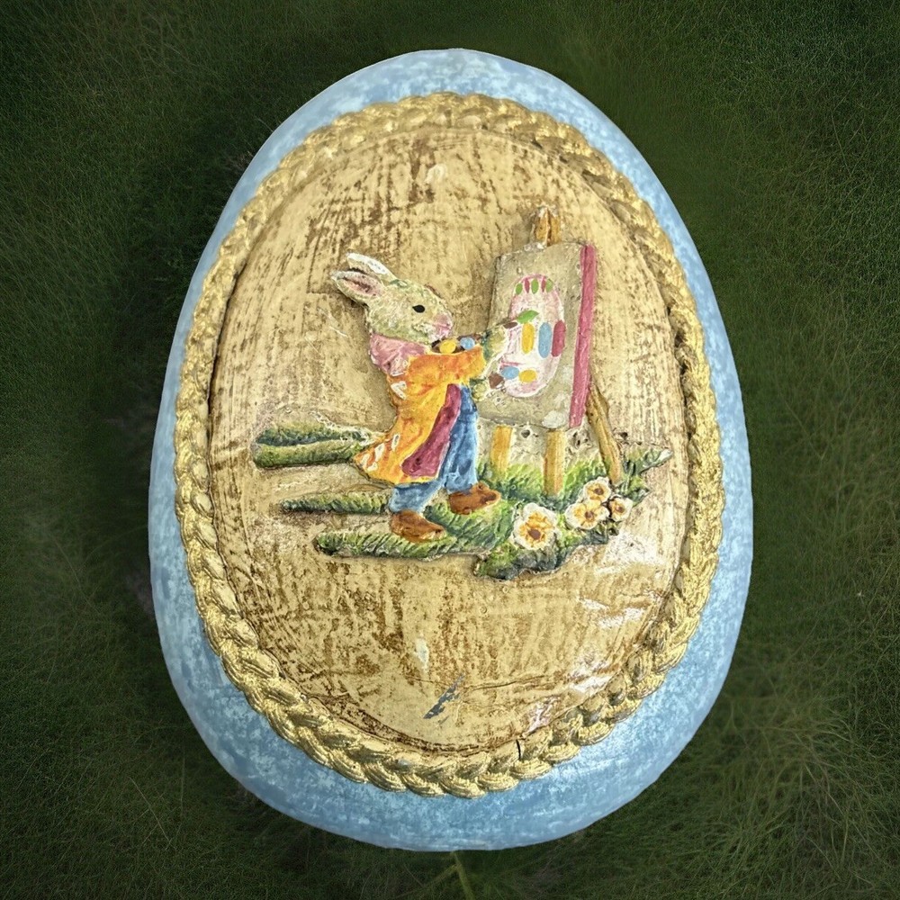 Vintage Antique Easter Bunny Artist 7” Egg Candy Container Paper Mache Germany