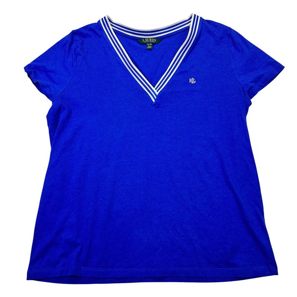 Lauren Ralph Lauren V-Neck T-Shirt Womens XL Blue Striped Trim Preppy Sporty