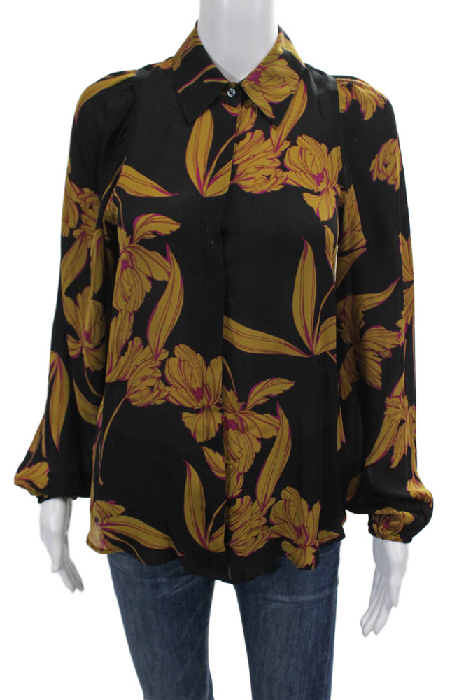ALC Womens Button Front Long Sleeve Floral Silk Shirt Black Brown Size 0Free Shipping in US $100+ Orders | $6.95 Orders Below