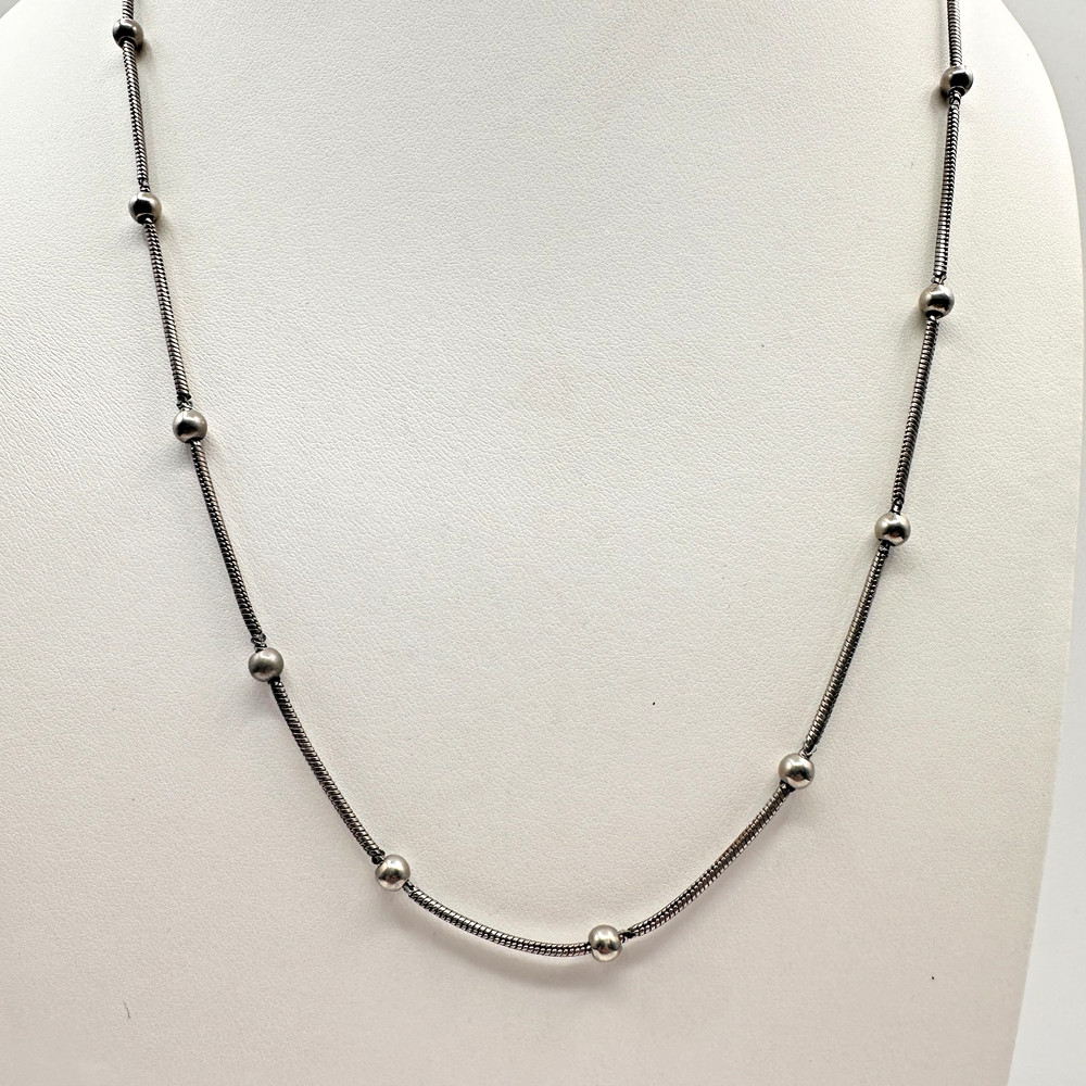 Vintage 90s Silver Tone Snake Chain Necklace Minimalist Station Beaded Jewelry