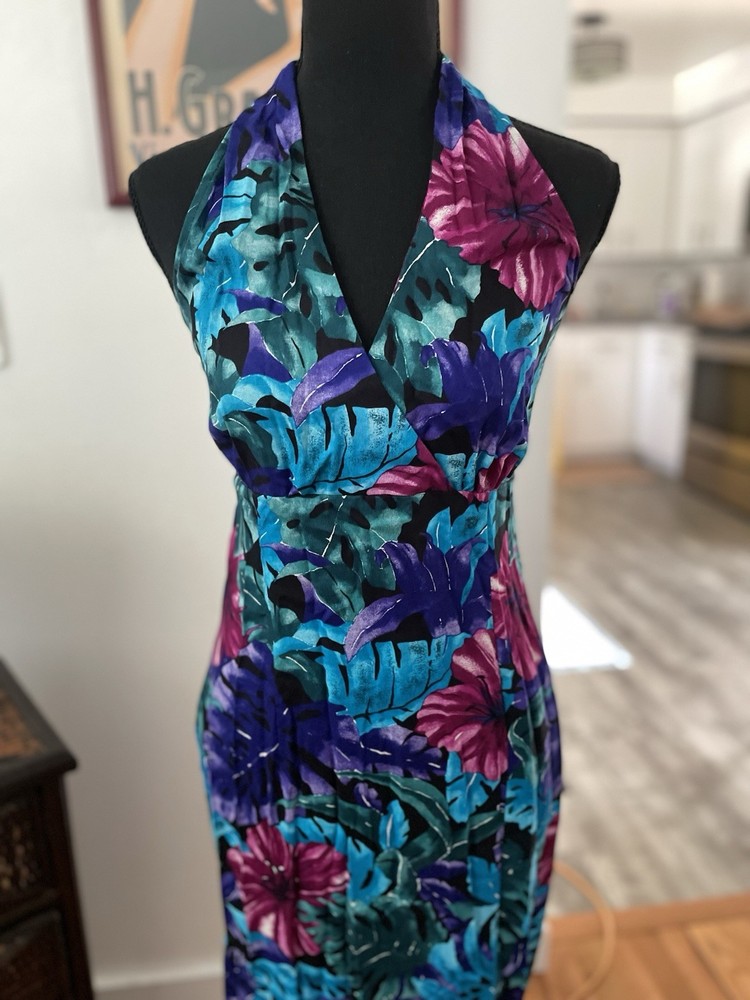All That Jazz Floral Print Halter Midi Dress 90s Vintage, Size Med