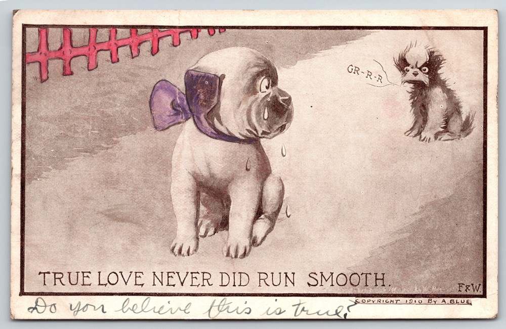 Comics~Crying Dog~True Love Never Did Run Smooth~A Blue 1910 Postcard