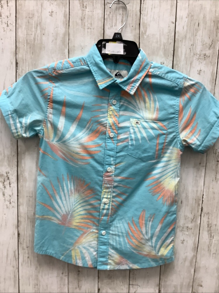 Quiksilver Boys Pop Tropic Short Sleeve Button Down Shirt Light Blue XS Size 8
