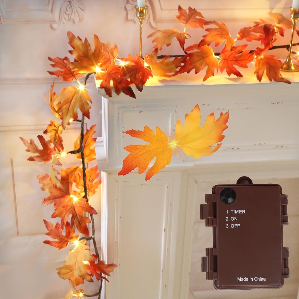 Fall Decor for Home 6FT Garland with 24 LED Lights Maple Orange