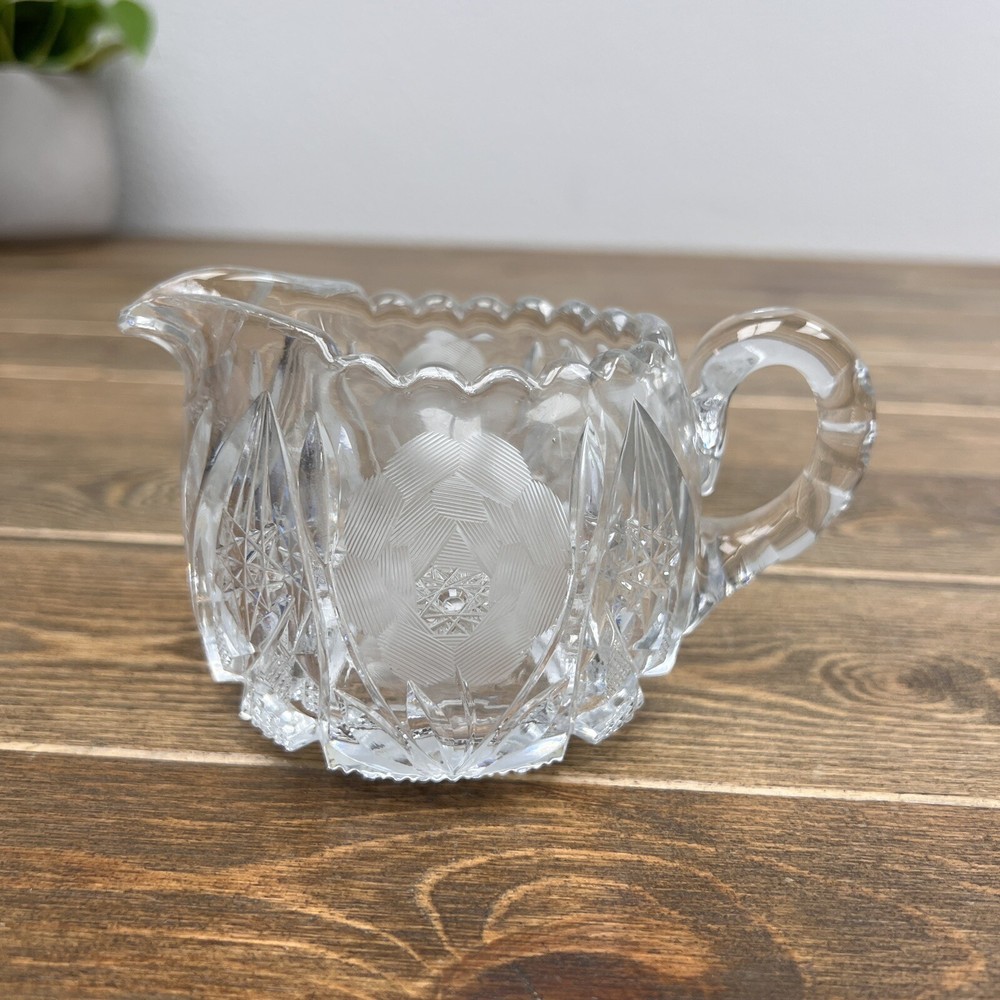 Lead Crystal Creamer Clear brilliant etched cut Glass Heavy
