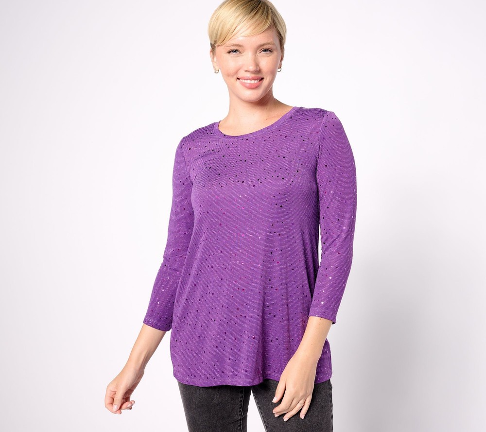 LOGO by Lori Goldstein Women's Top Sz L Sleeve Sparkle Mesh Scoop Purple A625357