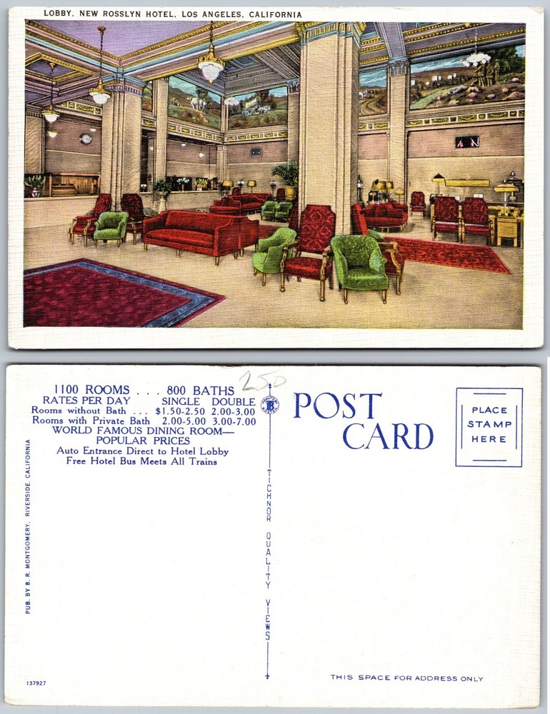 New Rosslyn Hotel Los Angeles California Lobby Postcard