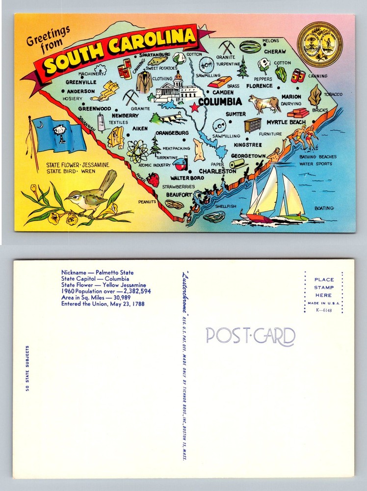 Columbia, SC-South Carolina, State Map Points Of Interest Vintage Postcard
