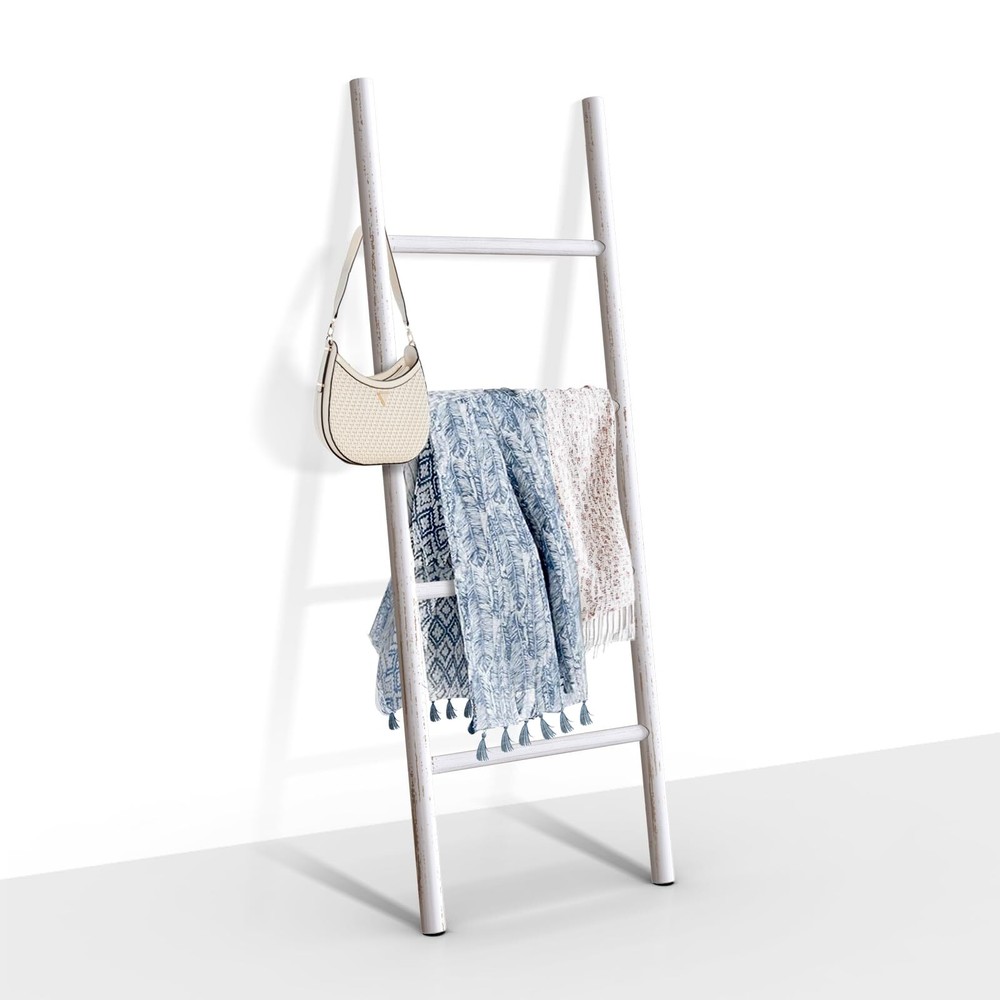 Natural Solid Wood Blanket Ladder, White Washed Decorative Towel Display Rack...