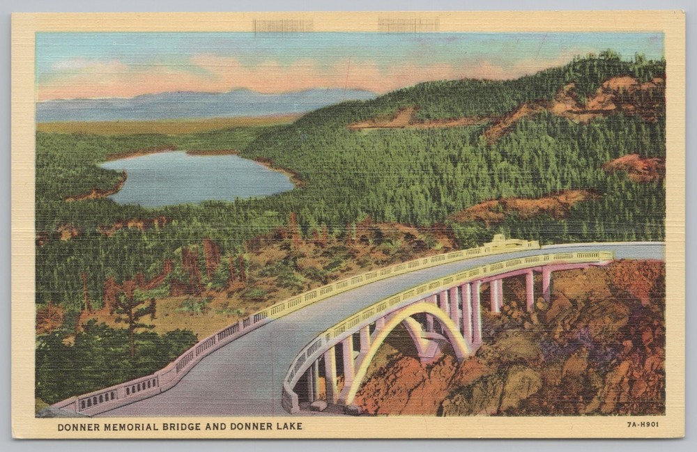 Truckee CA~Donner Summit Memorial Bridge & Lake~Donner Pass~Vintage Linen PC