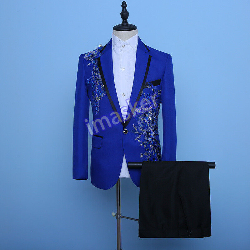 2PC Mens Sequins Embroidered Blazer & Pant Wedding Suit 1-Button