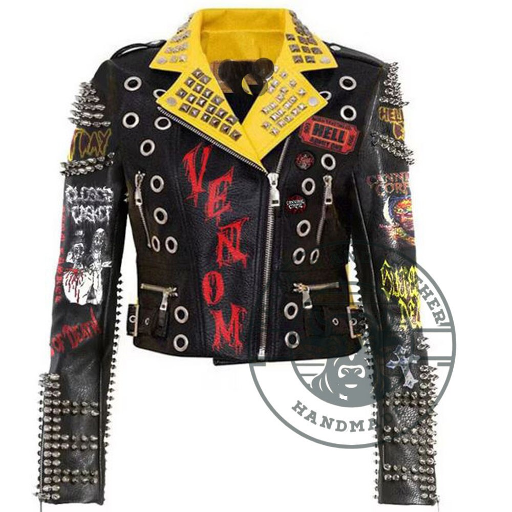 Women Silver Spiked Tombstone Patches Biker Leather Jacket