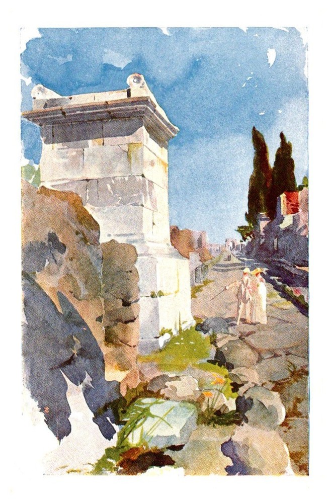 c1910 Road of the Tombs Watercolor Painting Pompeii Italy Vintage Postcard