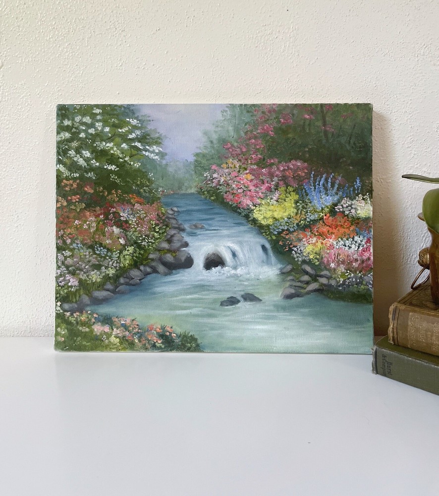 Vintage Floral and Creek Landscape Painting