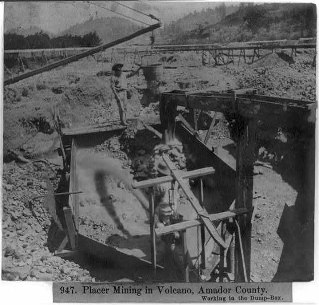 Placer mining in Volcano,Amador County,working in the Dump-Box,California,1866