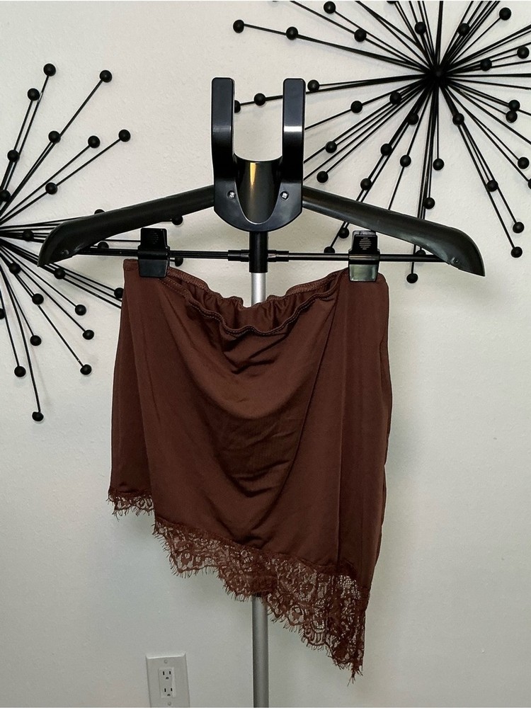 SHEIN Brown Satin Lace Trim Asymmetrical Mini Skirt