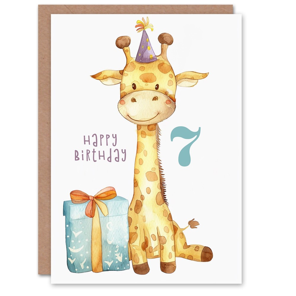 7th Birthday Card Cute Baby Giraffe in Party Hat Cartoon Age 7 Year Old Child