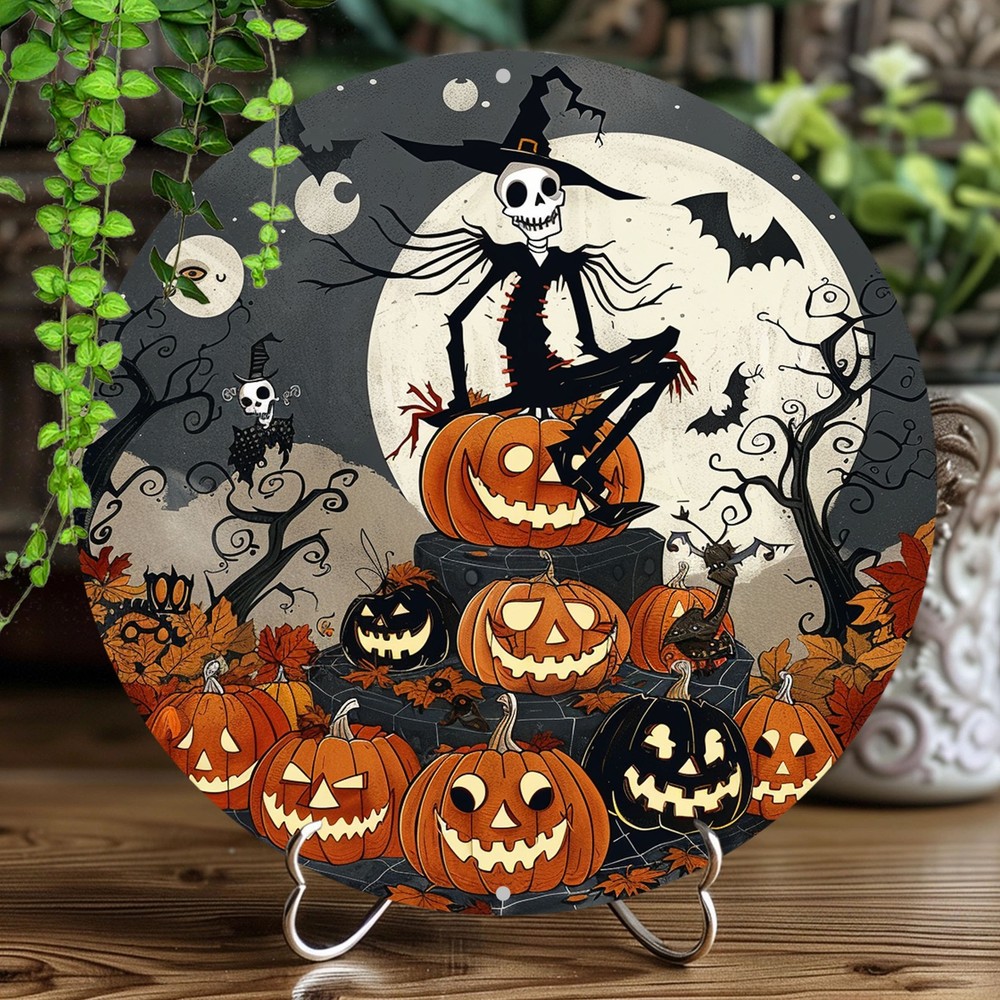 Halloween Gothic Pumpkin Skull Bat Metal Sign Black Orange