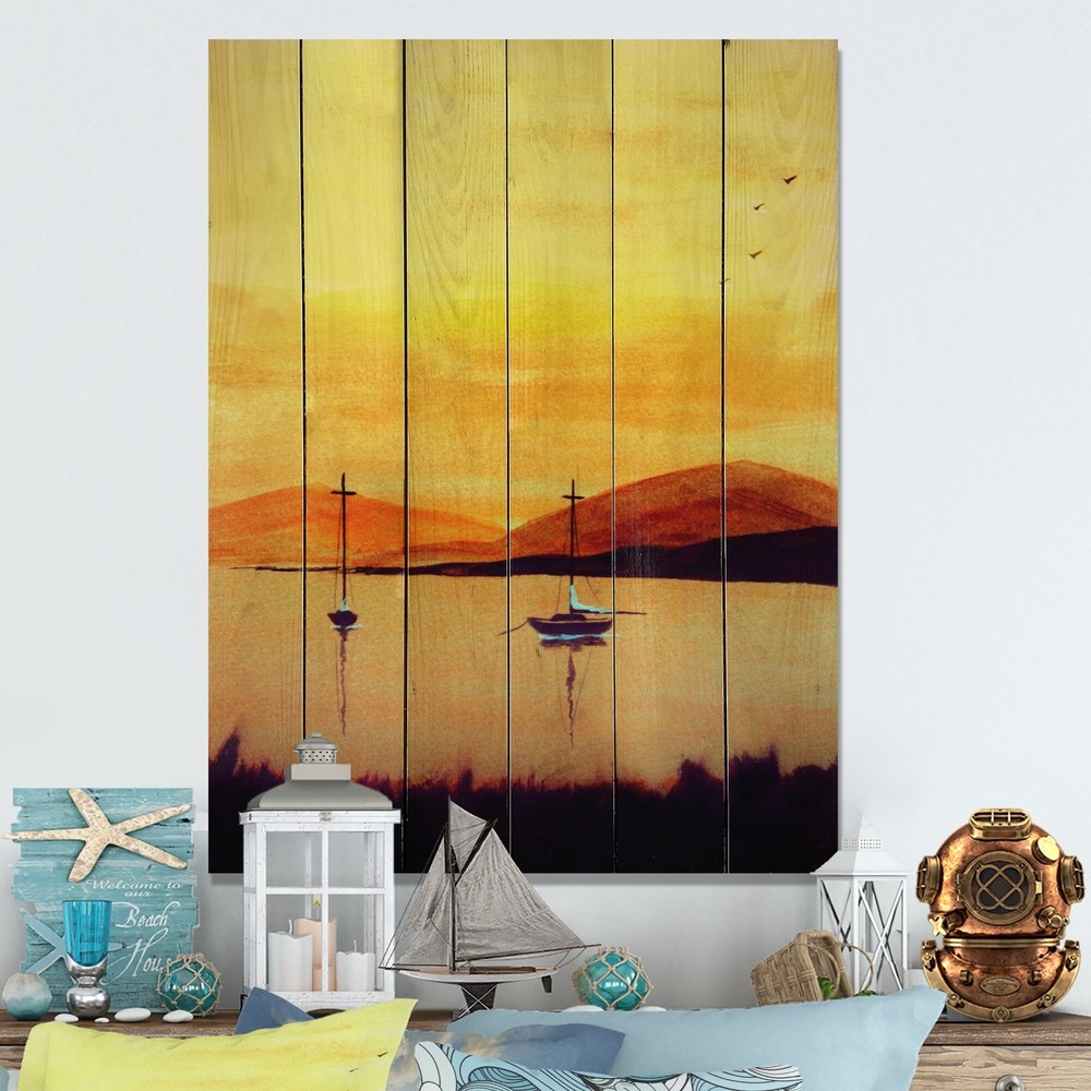 Designart 'Boats In Yellow And Orange Coastal Scenery' Traditional Wood Wall