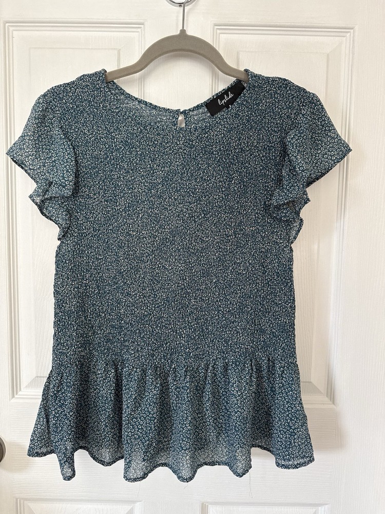 Lipslide Women’s Teal Floral Peplum Blouse Ruffle Flutter Sleeve L