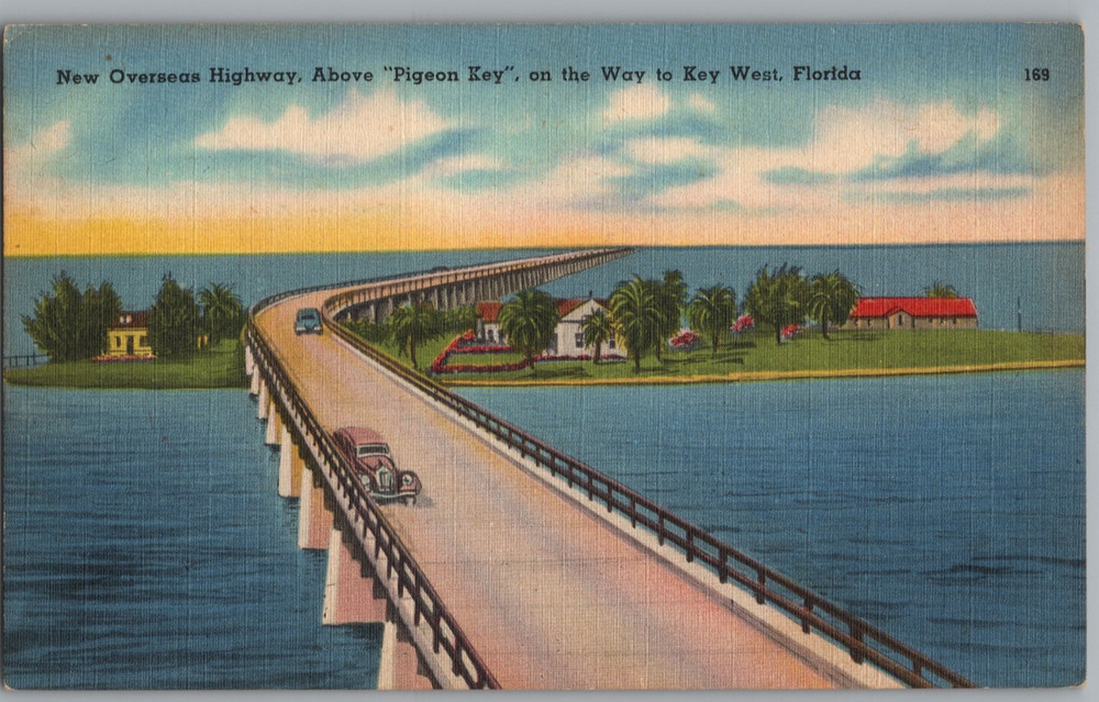 Florida Key West Overseas Highway Old Florida East Coast Railroad Linen Postcard