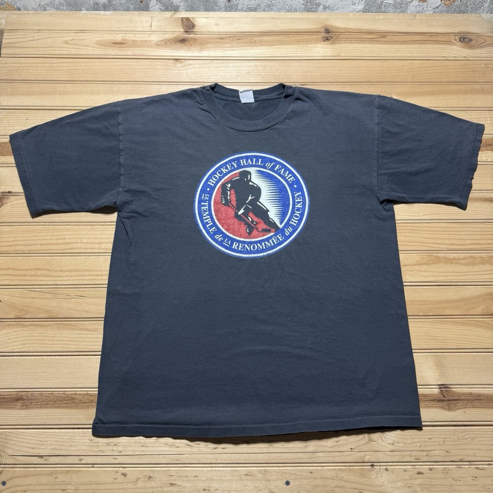 Vintage 90s Hockey Hall of Fame NHL Ice Sports Graphic Faded Shirt Size Large
