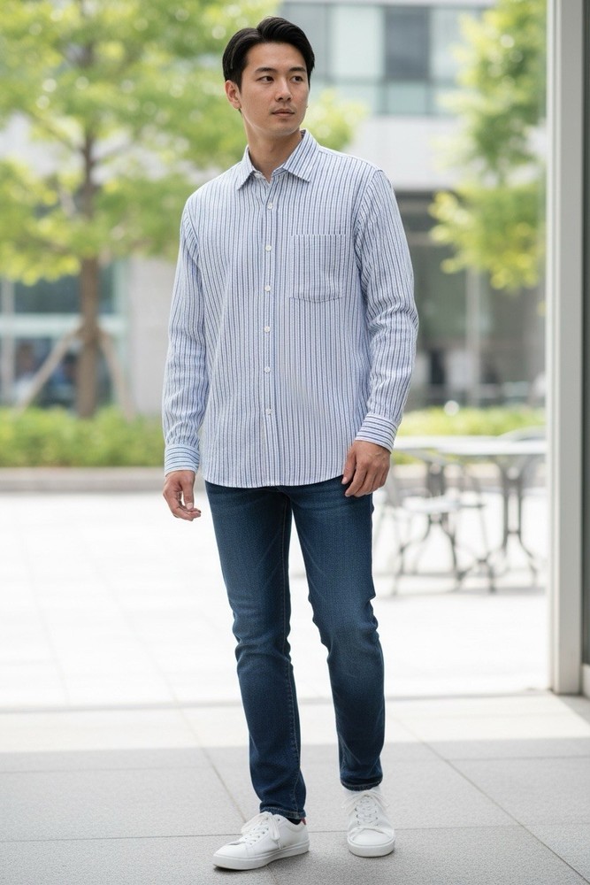 Michael Kors Mens Blue White Striped Cotton Long Sleeve Button Down Shirt