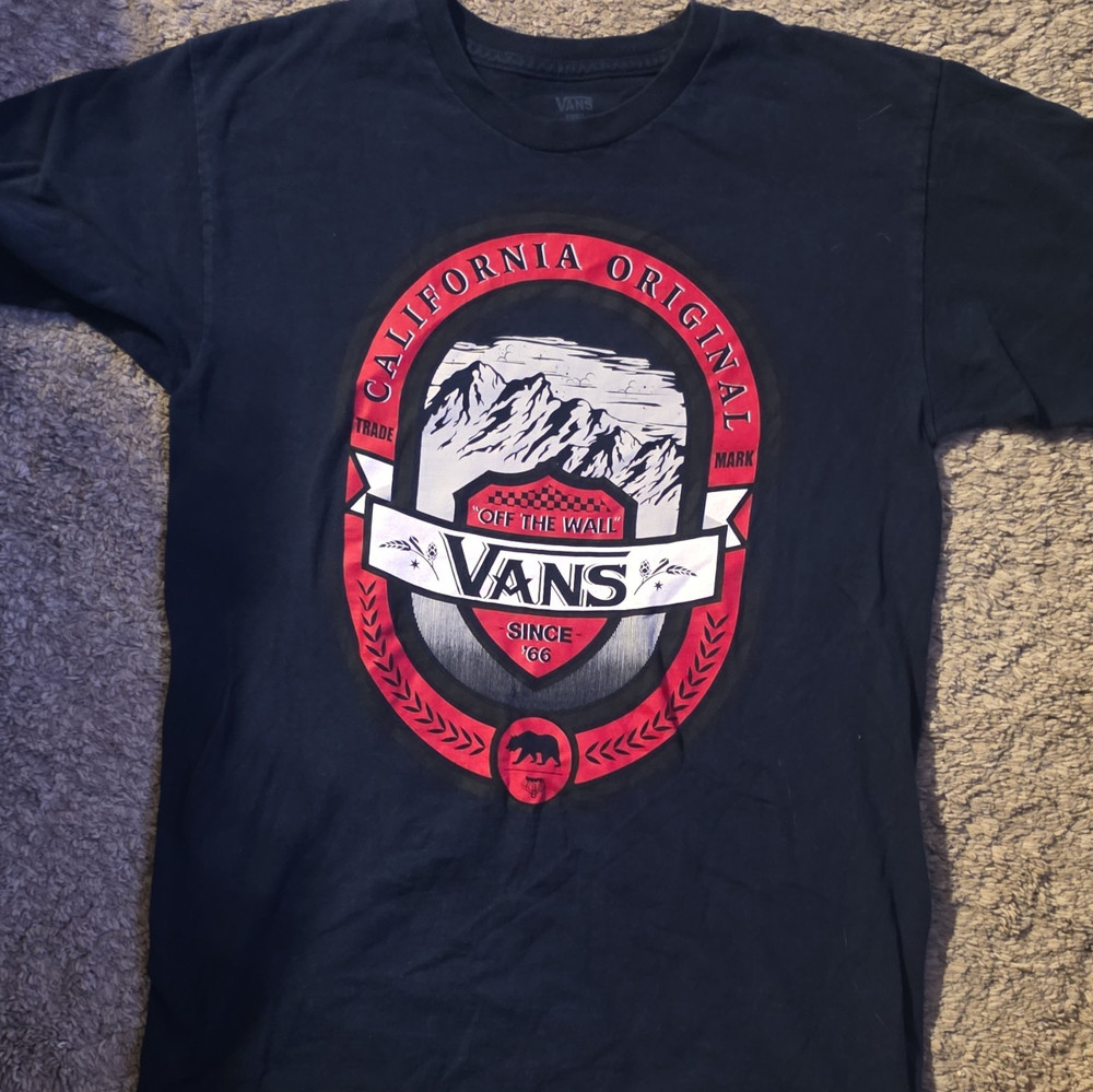 VANS California Graphic Logo T-Shirt Black Red Cotton Crew Neck Men's Size S