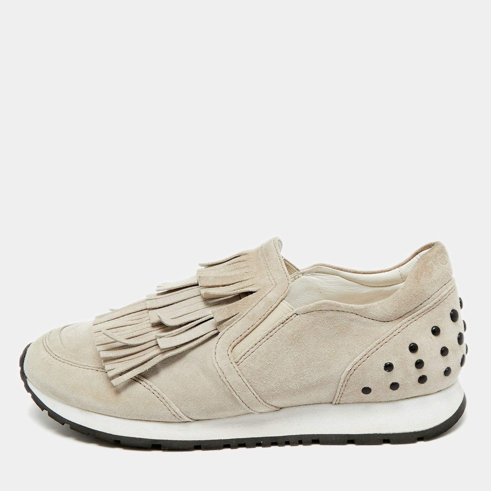 Tods Light Grey Suede Fringe Detail Slip On Sneakers Size 35.5