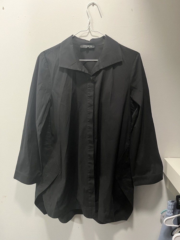 Lafayette 148 New York Collared Stretch Button-Up Top Black 3/4 Sleeve Size M
