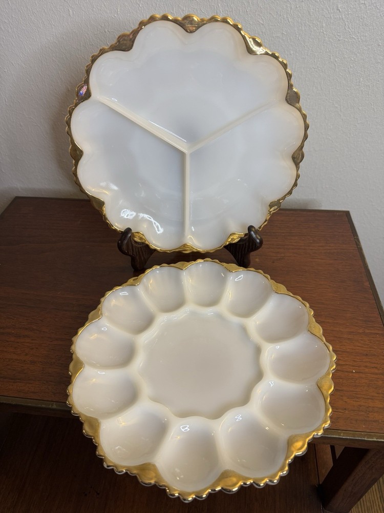 Vintage Anchor Hocking Deviled Egg & Relish Plates Milk Glass Gold Rim MCM