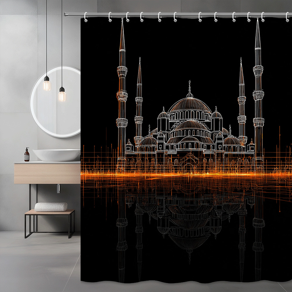 Mosque Skyline Shower Curtain Black Orange Graphic Print