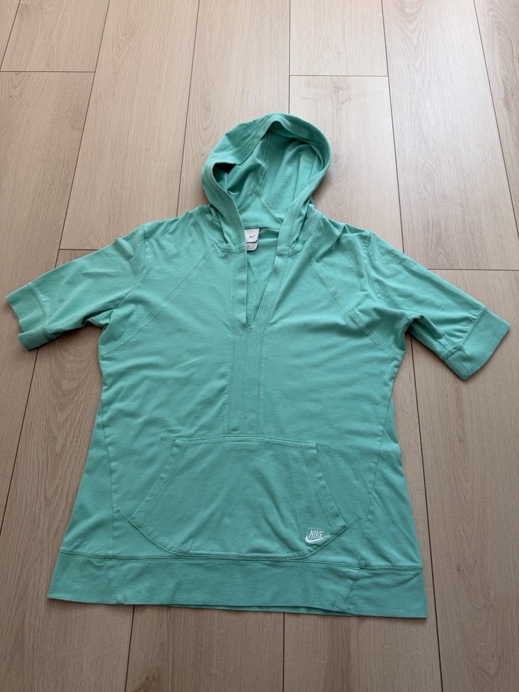 Nike Green Pullover Hoodie Sweatshirt Short Sleeve Women L Logo Kangaroo Pocket