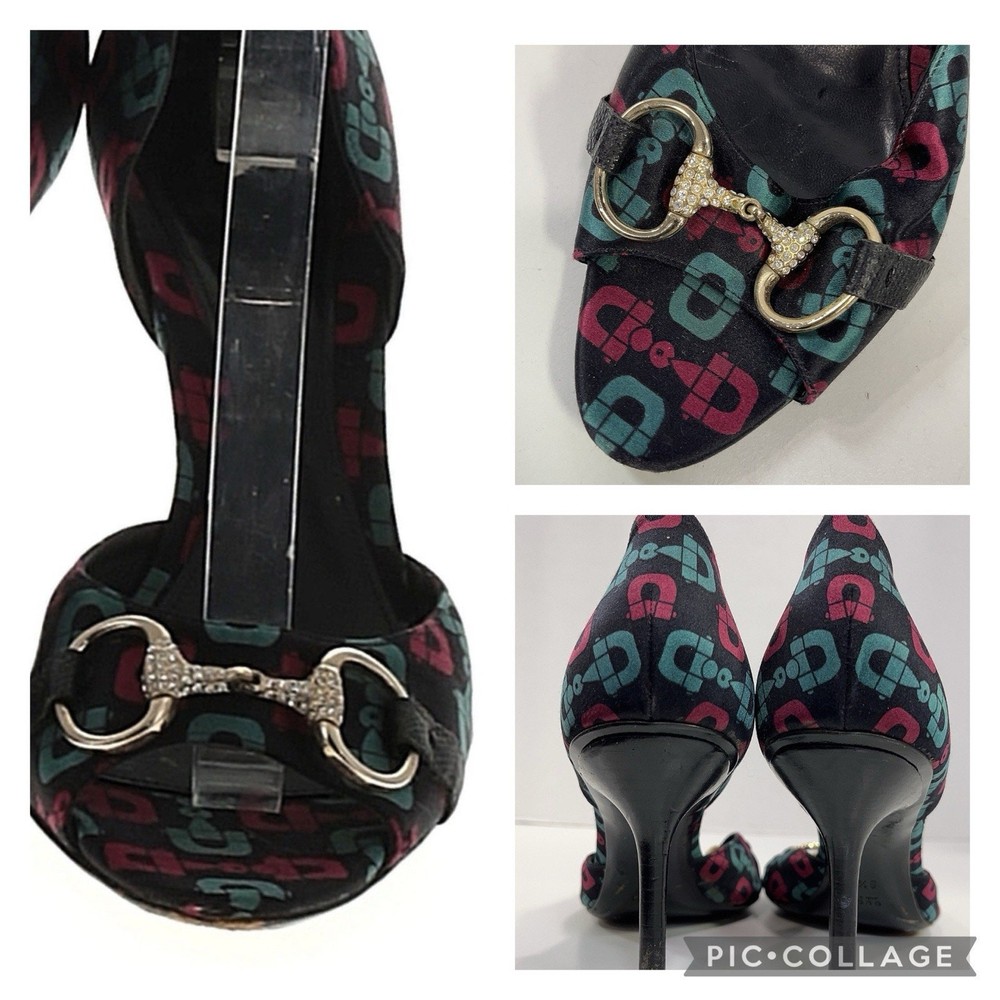 GUCCI Canvas D'orsay Horsebit Heels with Lizard Accents and Swarovski Crystals Size 9.5
