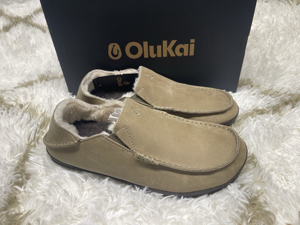 🧡Olukai Moloa Men's Size 9 Clay/Dark Jave Leather Shearling Slippers Fast Ship