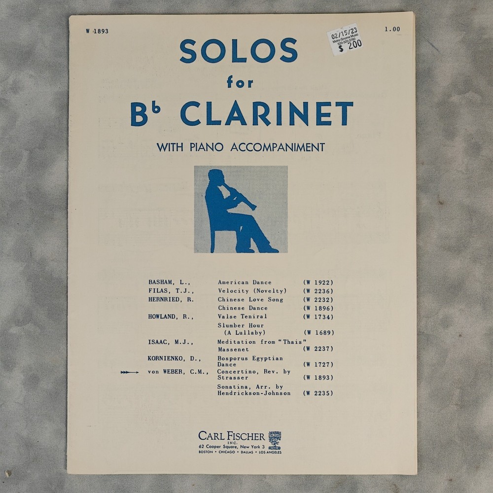 c1915 Weber Concertino Op.26 Clarinet in Bb & Piano Carl Fischer W1893 Vtg Music