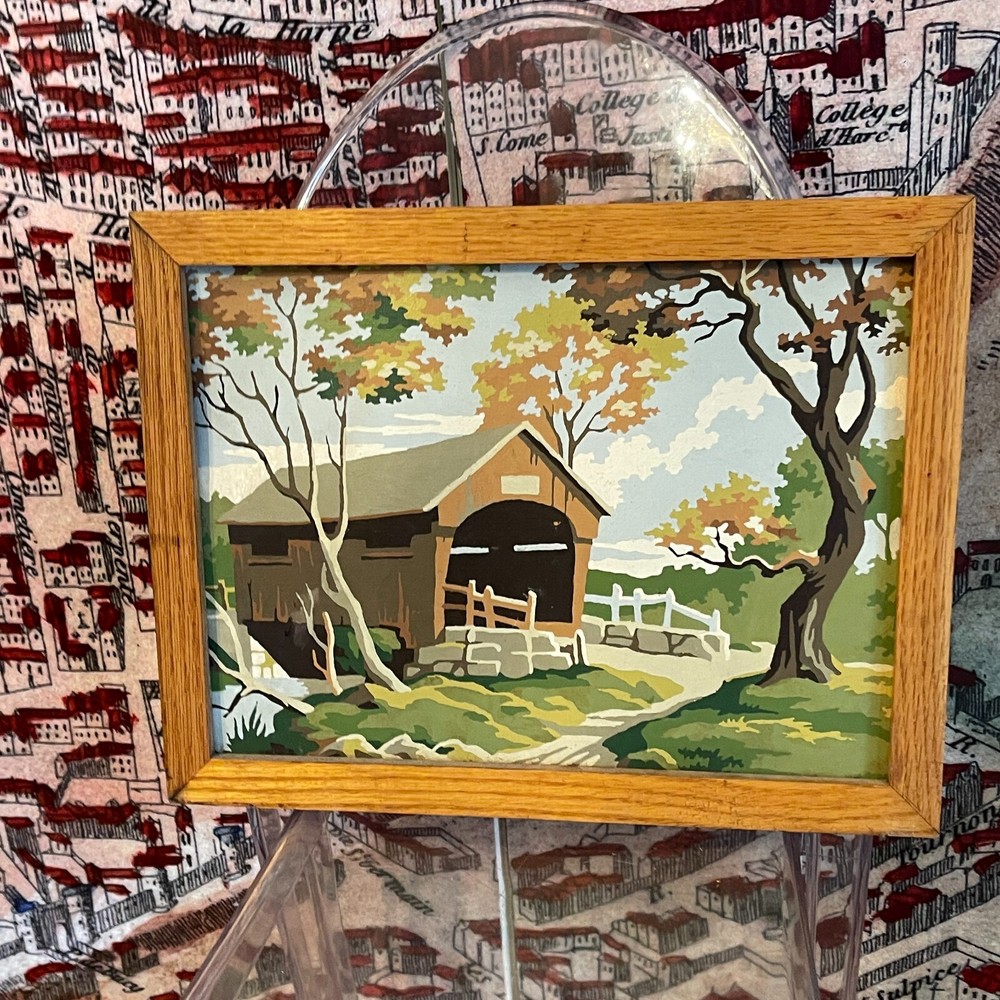 Bucks County Vintage Paint By Numbers Landscape Country Covered Bridge Framed